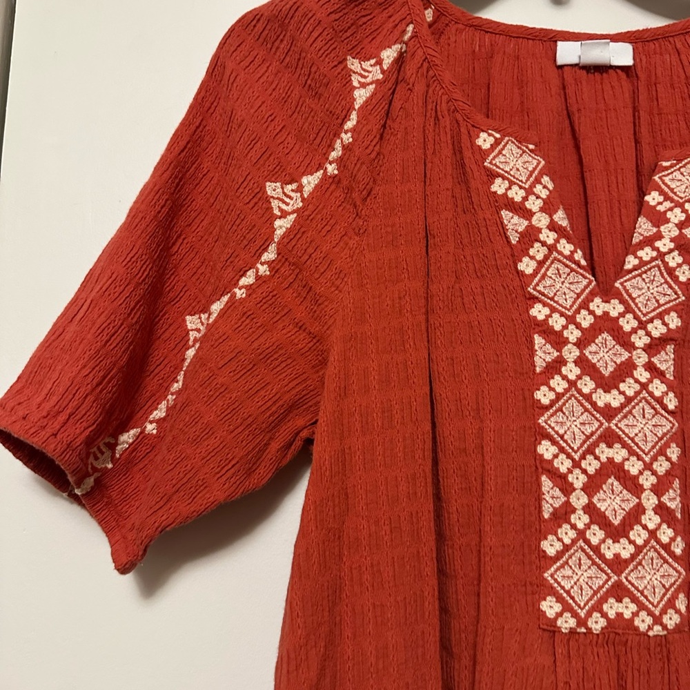 J. Jill Terracotta Embroidered Dress Boho Textured Cotton Shift | Size Small - Picture 3 of 11